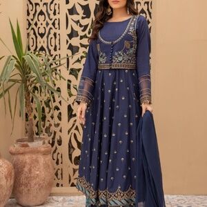 Embroidered Navy Long Sleeve Maxi Dress with Dupatta